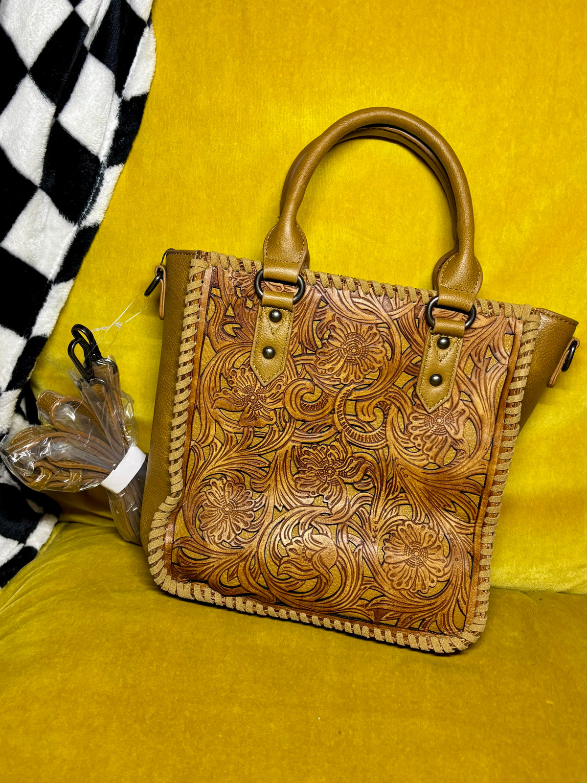 Tooled Leather Purse Camel